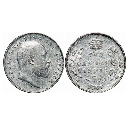 Edward VII, Silver, 2 Annas, 1907, Calcutta Mint, No mint mark. GK 984. About Uncirculated
