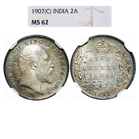 Edward VII, Silver, 2 Annas, 1907, Calcutta Mint, No mint mark. GK 984. NGC Slabbed MS 62.