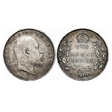 Edward VII, Silver, 2 Annas, 1910, Calcutta Mint, No mint mark. GK 987. Extremely Fine. Sc