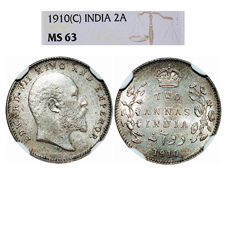Edward VII, Silver, 2 Annas, 1910, Calcutta Mint, No mint mark. GK 987. NGC Slabbed MS 63.