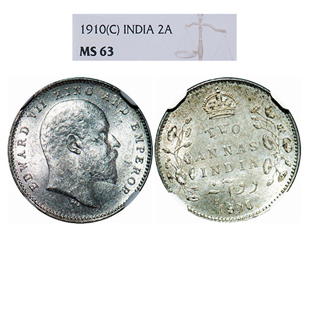 Edward VII, Silver, 2 Annas, 1910, Calcutta Mint, No mint mark. GK 987. NGC Slabbed MS 63.