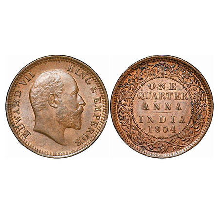 Edward VII, Copper, Quarter Anna, 1904, Calcutta Mint, No mint mark, Ghost on Rev. GK 995.