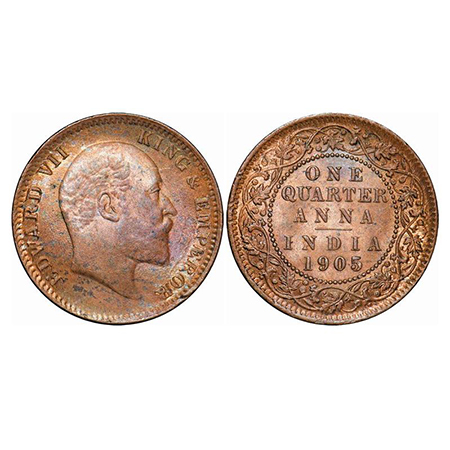 Edward VII, Copper, Quarter Anna, 1905, Calcutta Mint, No mint mark. GK 996. Uncirculated.