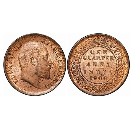 Edward VII, Copper, Quarter Anna, 1906, 6.40g, Calcutta Mint, No mint mark, Ghost on Rev. 