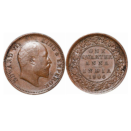 Edward VII, Copper, Quarter Anna, 6.50g, 1906, Calcutta Mint, No mint mark. GK 997. About 