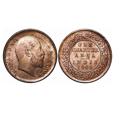 Edward VII, Bronze, Quarter Anna, 1908, Calcutta Mint, No mint mark, Multiple die cracks o