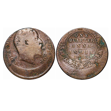 Edward VII, Bronze, Quarter Anna, 1908, Calcutta Mint, No mint mark, Error 20% die shift. 