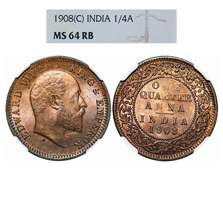 Edward VII, Bronze, Quarter Anna, 1908, Calcutta Mint, No mint mark. GK 1000. NGC Slabbed 