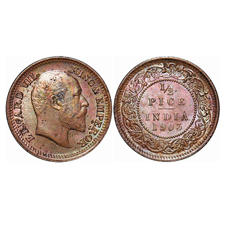 Edward VII, Copper, 1/2 Pice, 1903, Calcutta Mint, No mint mark, Ghost on Obv. GK 1003. Un