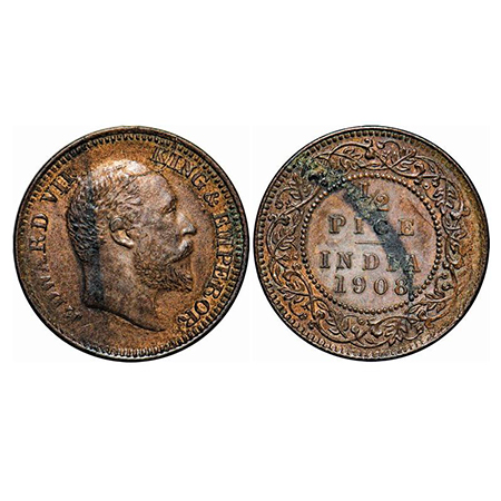 Edward VII, Bronze, 1/2 Pice, 1908, Calcutta mint, No mint mark, Die crack on Obv, Top are