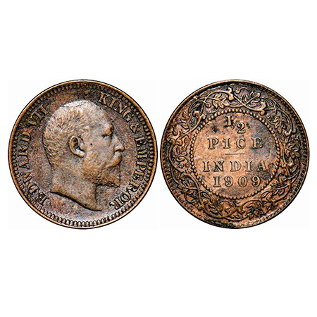 Edward VII, Bronze, 1/2 Pice, 1909, Calcutta mint, No mint mark, Ghost on Rev. GK 1010. Ex