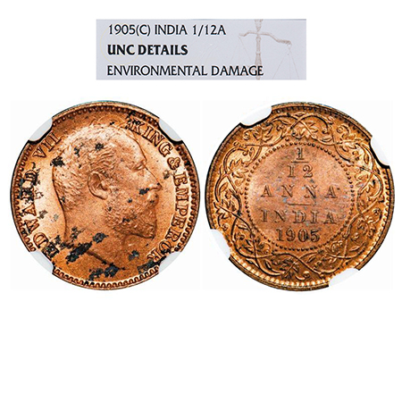 Edward VII, Copper, 1/12 Anna, 1905, Calcutta mint, No mint mark. GK 1014. NGC Slabbed UNC