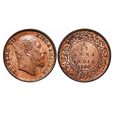 Edward VII, Copper, 1/12 Anna, 1906, Calcutta Mint, No mint mark. GK 1015. Mint State. Rar