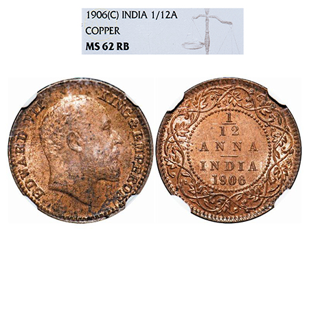 Edward VII, Copper, 1/12 Anna, 1906, Calcutta mint, No mint mark. GK 1015. NGC Slabbed MS 