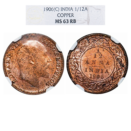 Edward VII, Copper, 1/12 Anna, 1906, Calcutta Mint, No mint mark. GK 1015. NGC Slabbed. MS