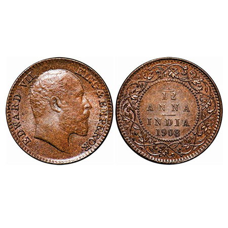 Edward VII, Bronze, 1/12 Anna, 1908, Calcutta Mint, No mint mark, Multiple die cracks on O