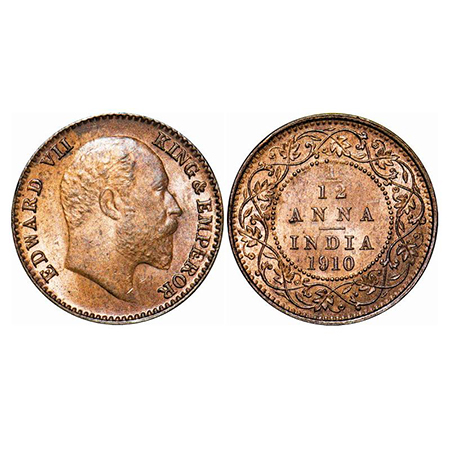Edward VII, Bronze, 1/12 Anna, 1910, Calcutta mint, No mint mark, Die cracks on Obv. GK 10