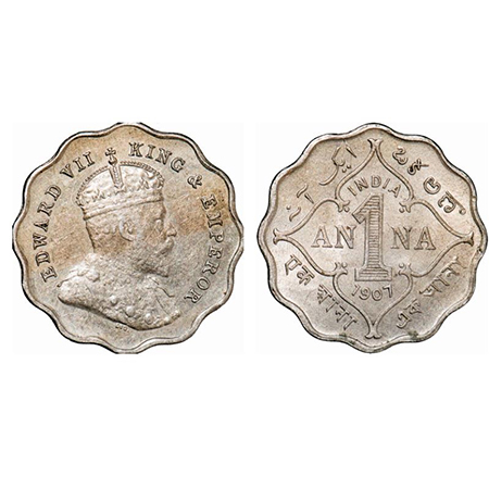 Edward VII, Copper-Nickel, 1 Anna, 1907, Bombay Mint, Capital letter 'B' incused below the