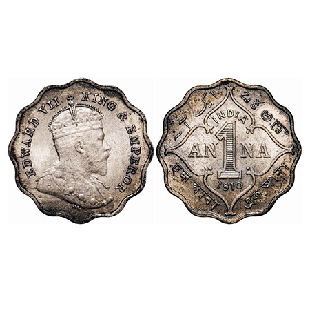 Edward VII, Copper-Nickel, 1 Anna, 1910, Bombay Mint, Capital letter 'B' incused below the