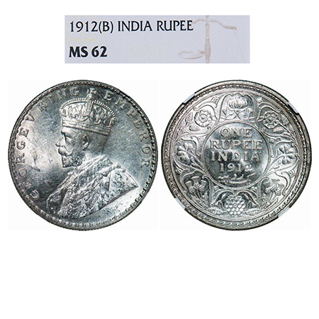 George V, Silver, Rupee, 1912, Bombay Mint, Dot. GK 1026. NGC Slabbed MS 62. Very Scarce.