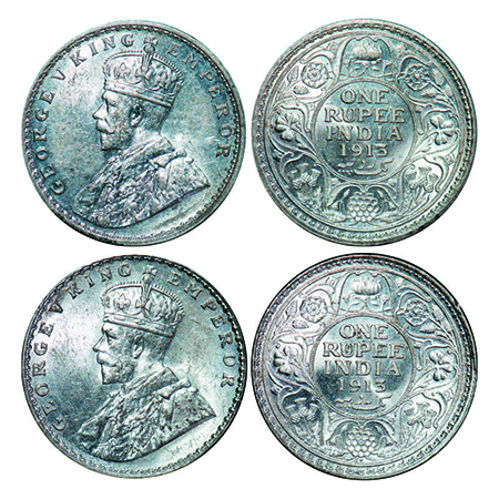 George V, Silver, Rupee, (2 coins), 1913, 1) Calcutta Mint, No dot, 2) Bombay Mint, Dot. G