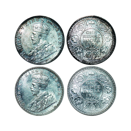 George V, Silver, Rupee, (2 coins), 1914, 1) Calcutta Mint, No dot, 2) Bombay Mint, Dot. G