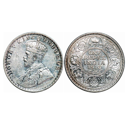 George V, Silver, Rupee, 1916, Bombay Mint, Dot, Error, Struck through error on Rev, Crudi