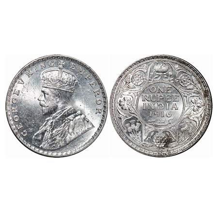 George V, Silver, Rupee, 1916, Bombay Mint, Dot. GK 1035. Mint State. Very Scarce.