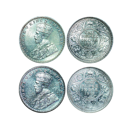 George V, Silver, Rupee, (2 coins), 1917, 1) Calcutta Mint, No dot, Diamond shape pyramis 