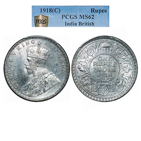 George V, Silver, Rupee, 1918, Calcutta Mint, No dot. GK 1037. PCGS Slabbed MS 62. Very Sc