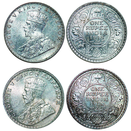 George V, Silver, Rupee, (2 coins), 1918, Die crack on Rev, 1) Calcutta Mint, No dot, 2) B