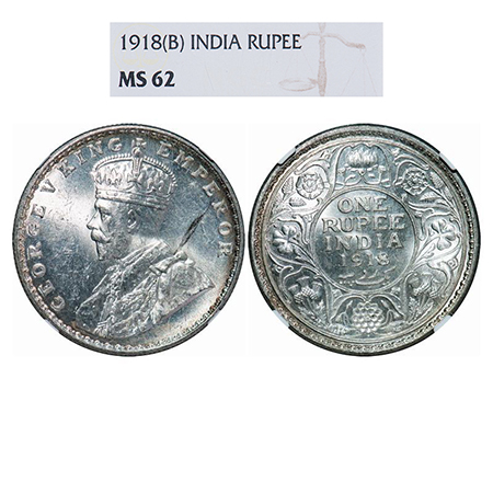 George V, Silver, Rupee, 1918, Bombay Mint, Dot. GK 1038. NGC Slabbed MS 62. Very Scarce.