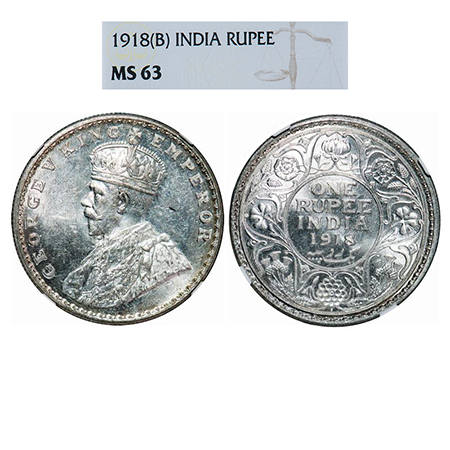 George V, Silver, Rupee, 1918, Bombay Mint, Dot, Numeral '8' of year date 1918 seen on Obv