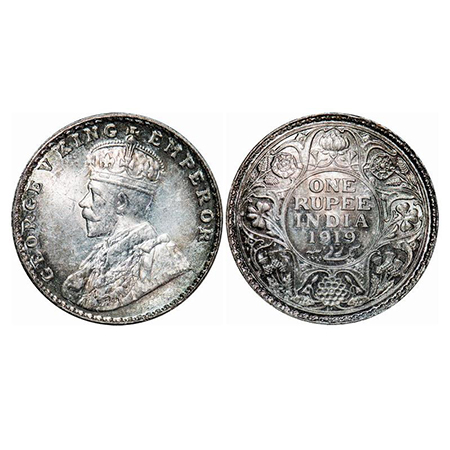 George V, Silver, Rupee, 1919, Bombay Mint, Dot, Die crack on Rev, Ghost on Rev. GK 1040. 