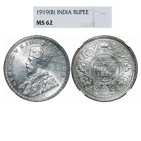 George V, Silver, Rupee, 1919, Bombay Mint, Dot. GK 1040. NGC Slabbed MS 62. Very Scarce.