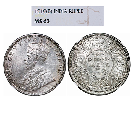 George V, Silver, Rupee, 1919, Bombay Mint, Dot. GK 1040. NGC Slabbed MS 63. Very Scarce.