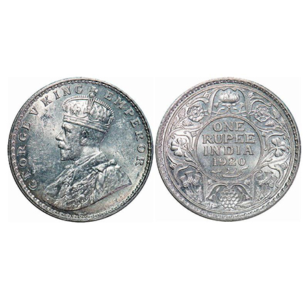 George V, Silver, Rupee, 1920, Bombay Mint, Dot. GK 1042. Mint State. Very Scarce.