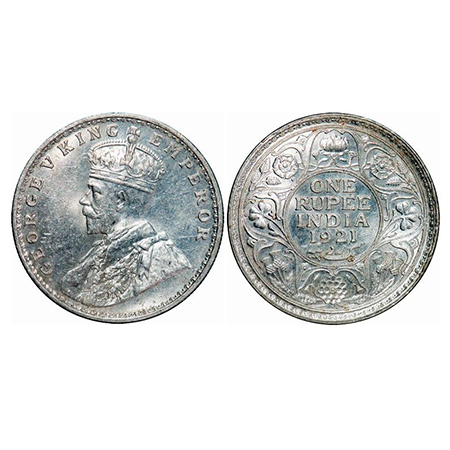 George V, Silver, Rupee, 1921, Bombay Mint, Dot. GK 1043. Mint State. Rare.