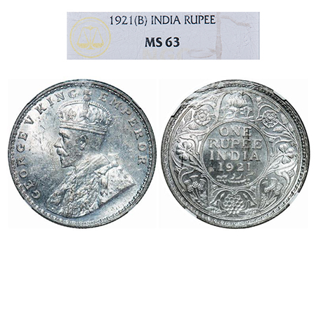 George V, Silver, Rupee, 1921, Bombay Mint, Dot. GK 1043. NGC Slabbed MS 63. Very Scarce.