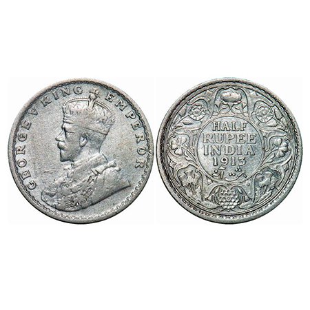George V, Silver, Half Rupee, 1913, Bombay Mint, Dot. GK 1049. Very Fine. Scarce.