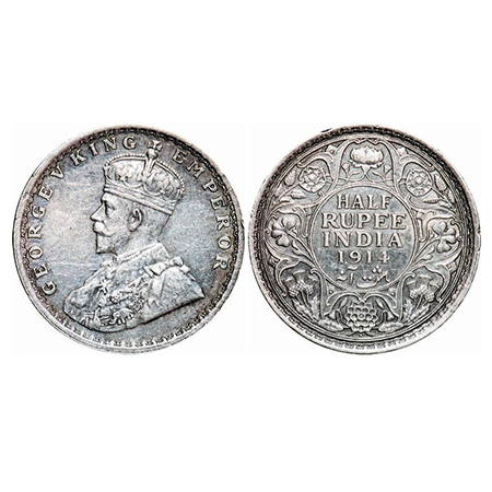 George V, Silver, Half Rupee, 1914, Bombay Mint, Dot. GK 1051. Uncirculated, Toned. Rare.