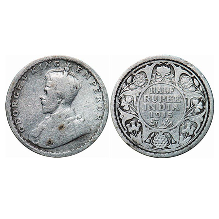George V, Silver, Half Rupee, 1915, Calcutta Mint, No dot. GK 1052. Fine. Scarce.