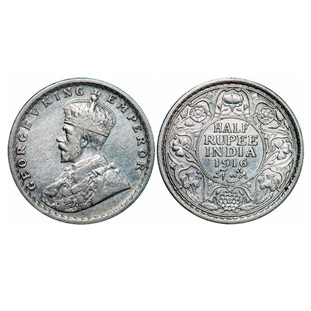 George V, Silver, Half Rupee, 1916, Calcutta Mint, No dot. GK 1053. Very Fine+. Scarce.