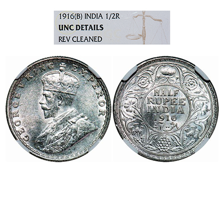 George V, Silver, Half Rupee, 1916, Bombay Mint, Dot. GK 1054. NGC Slabbed UNC Details. Ve