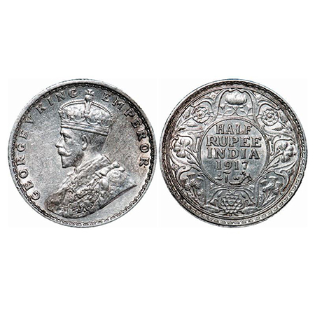Geroeg V, Silver, Half Rupee, 1917, Bombay Mint, Dot. GK 1055. Almost Uncirculated. Scarce