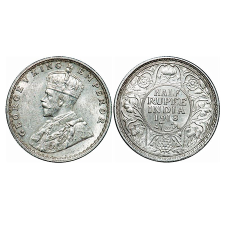 George V, Silver, Half Rupee, 1918, Bombay Mint, Dot, Die crack on Rev, An unusual dot on 