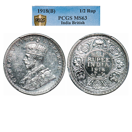 George V, Silver, Half Rupee, 1918, Bombay Mint, Dot. GK 1056. PCGS Slabbed MS 63. Rare.