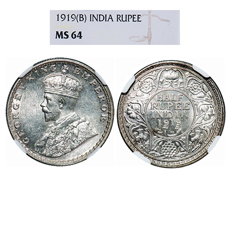 George V, Silver, Half Rupee, 1919, Bombay Mint, Dot. GK 1057. NGC Slabbed MS 64. Rare.