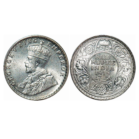 Geroeg V, Silver, Half Rupee, 1919, Bombay Mint, Dot. GK 1057. Mint State. Very Scarce.