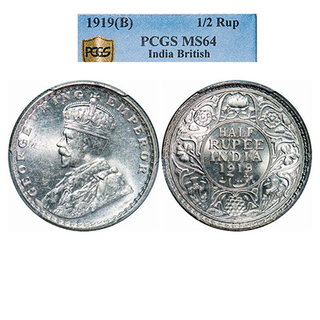 George V, Silver, Half Rupee, 1919, Bombay Mint, Dot. GK 1057. PCGS Slabbed MS 64. Rare.